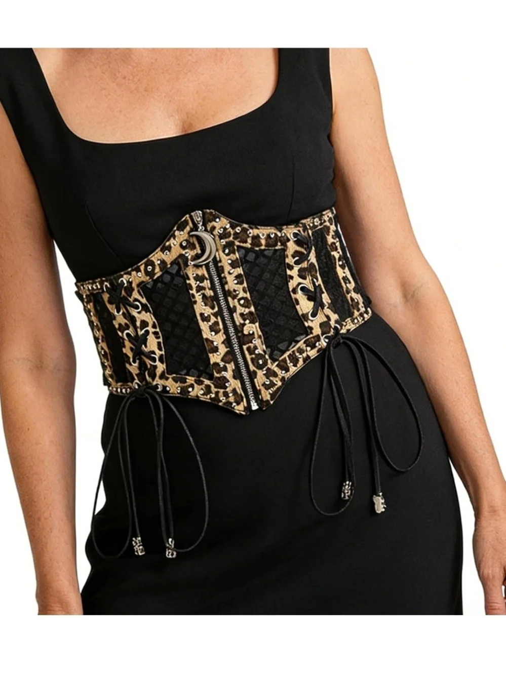 Wide Leopard-Accent Corset Belt in Black and Gold
